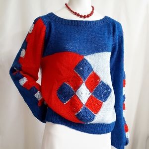 Vintage Sweater🥀Color Block Crochet Pattern Knitted Sweater Top